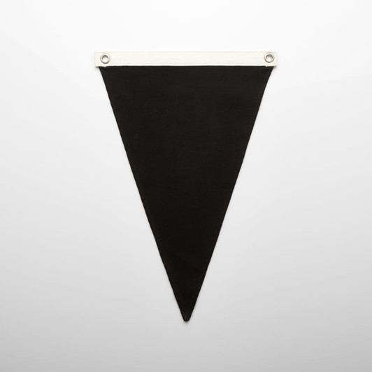 A black canvas pennant flag with a white header and eyelets for easy hanging.