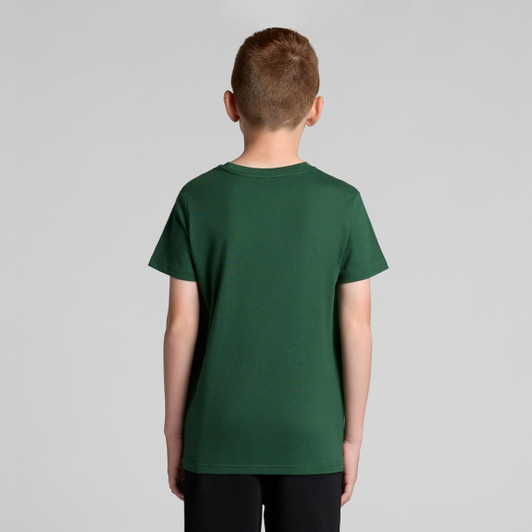 A green youth t-shirt with a classic cut, featuring a logo on the back.