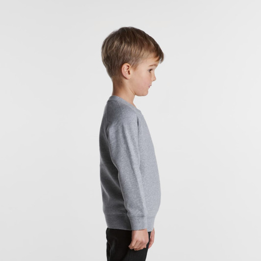 A grey kids' jumper with long sleeves, featuring a simple design and a logo on the front.