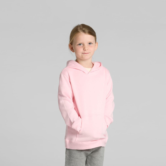 A pink hoodie for kids with a front pocket and an adjustable hood. Features a logo on the front.