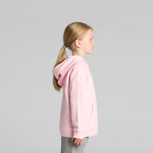 A pink hoodie with a hood, featuring a side view of a child. The garment includes a logo and kangaroo pocket.