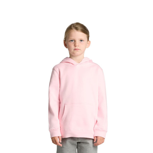 A pink hoodie featuring a front pocket and a hood, displayed on a child model. It has a branding logo.