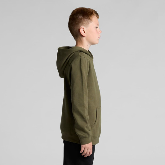 A green hoodie featuring a kangaroo pocket and a hood, displayed on a young model.