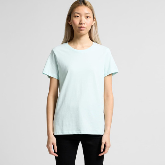 A light mint green t-shirt with a crew neckline and short sleeves. It features a logo on the design.