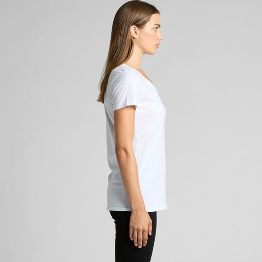A white V-neck T-shirt for women displayed on a model from the side, featuring short sleeves and a fitted design.