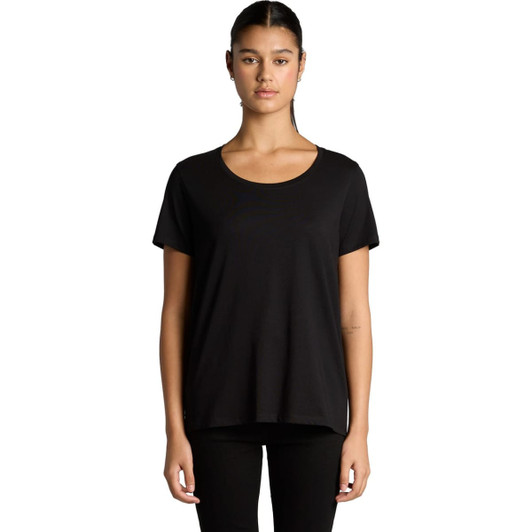 A black t-shirt features a scoop neckline and short sleeves, displayed on a model. It has a logo on the front.