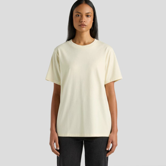 A light yellow T-shirt with short sleeves and a relaxed fit, featuring a logo on it.