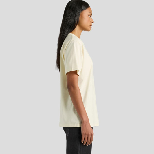 A side view of a pale yellow t-shirt with a relaxed fit. The shirt has short sleeves and a simple design.