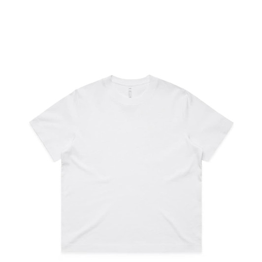 A plain white t-shirt with a loose fit, featuring a simple design and a logo. Ideal for casual wear.