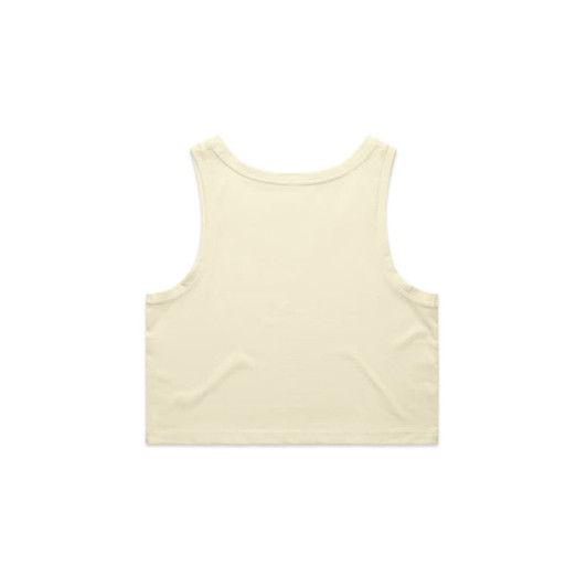 A pale yellow crop singlet featuring a simple design and a logo on the back.