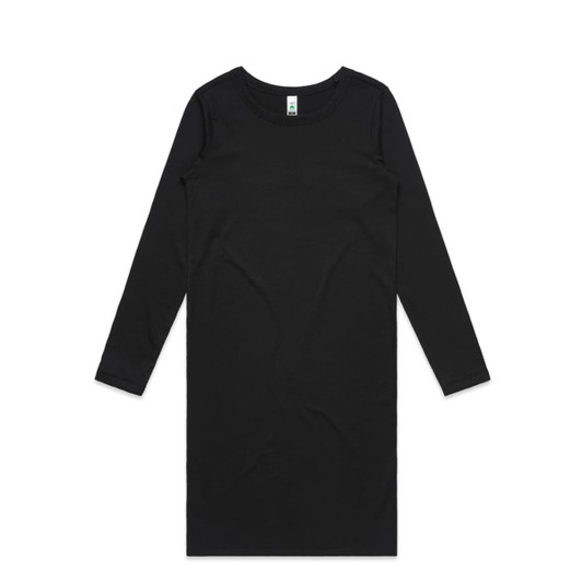 A long-sleeved organic dress in solid black with a round neckline and no visible embellishments.