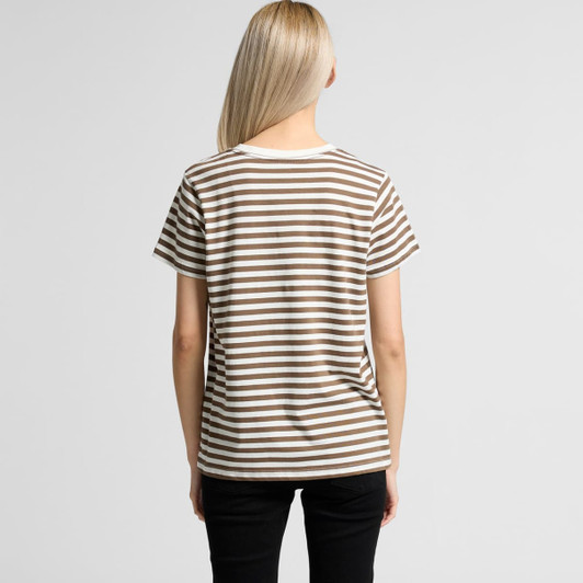 A striped T-shirt featuring brown and cream horizontal stripes, with a relaxed fit and a back view.
