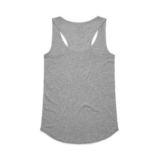A grey racerback singlet with a curved hem and a logo on the back.