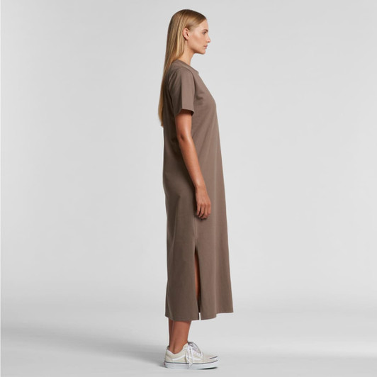 A long, taupe dress with short sleeves and a side slit, featuring a logo on the fabric.