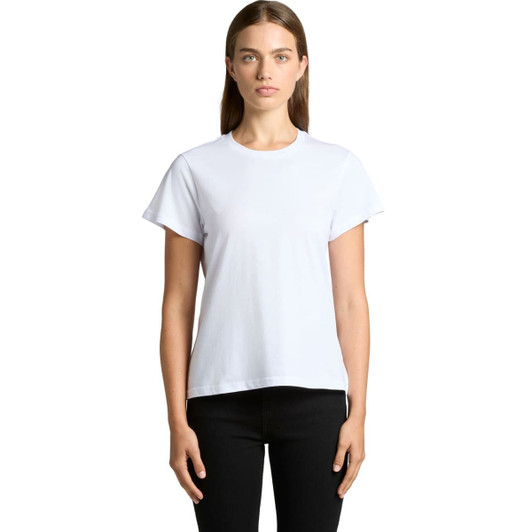 A white basic T-shirt with short sleeves displayed on a model against a plain background.