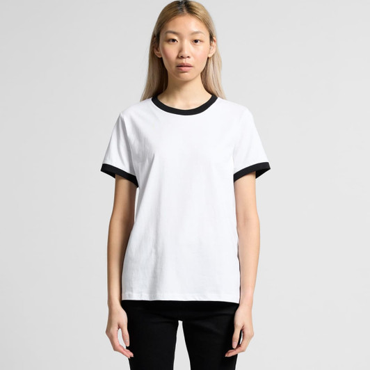 A white T-shirt with black ribbed sleeves and a crew neckline, featuring a logo on the front.