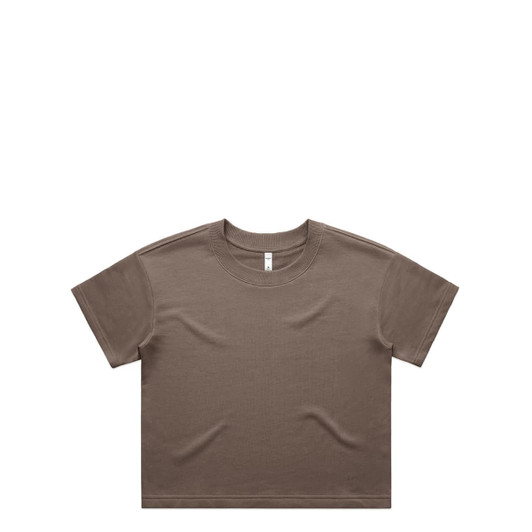 A brown short-sleeved T-shirt with a crew neckline and a logo on the label.