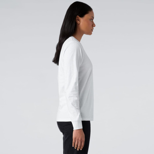 A white long-sleeve t-shirt displayed on a model from the side, featuring a logo.