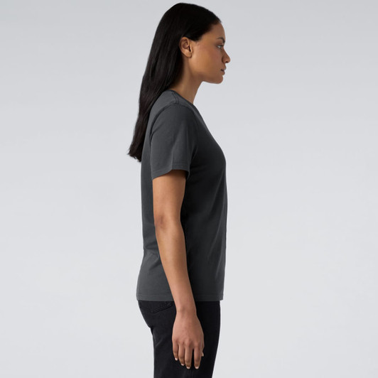A grey t-shirt displayed on a model from the side, featuring a fitted style and short sleeves.