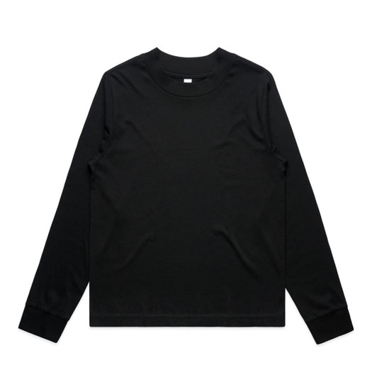 A black long-sleeve t-shirt with a round neckline and fitted cuffs. It features a logo on the front.