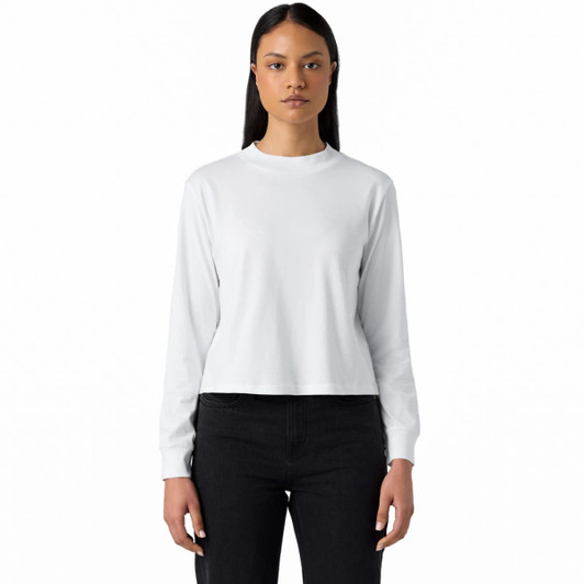 A white long-sleeve tee shirt with a round neck, styled as a relaxed fit. It features a logo on the garment.