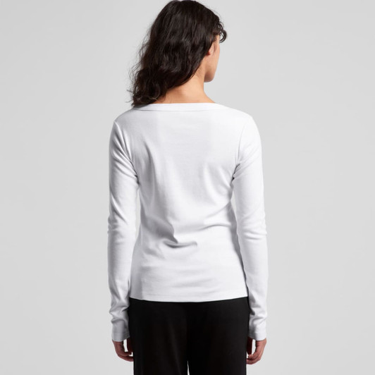 A white long-sleeve tee with a relaxed fit, featuring a simple design and a logo on the back.