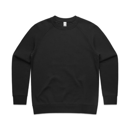 A black jumper with long sleeves and a round neckline. It features a simple design and has a branding logo.