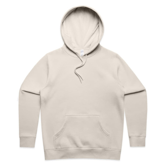 A beige hoodie with a front pocket and a drawstring hood, featuring a logo on the label.