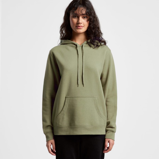 An olive green hoodie with a front pocket and adjustable drawstring hood. The model is standing and facing forward.