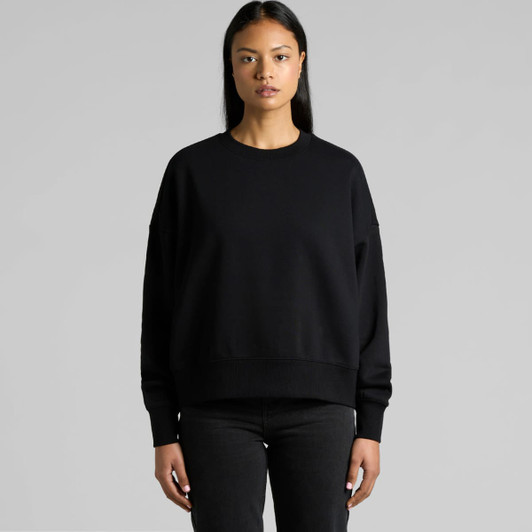 A black crew sweater with a relaxed fit and long sleeves, featuring a branding logo.
