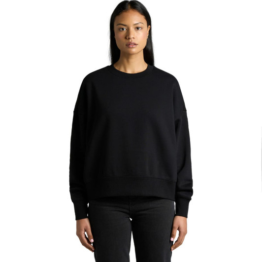 A black sweater with a relaxed fit and long sleeves, featuring a simple design and a logo.
