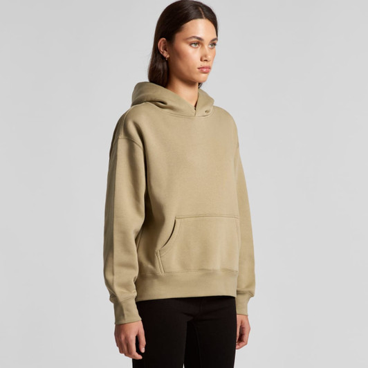 A relaxed-fit khaki hoodie featuring a front pocket and a hood, displayed on a model.