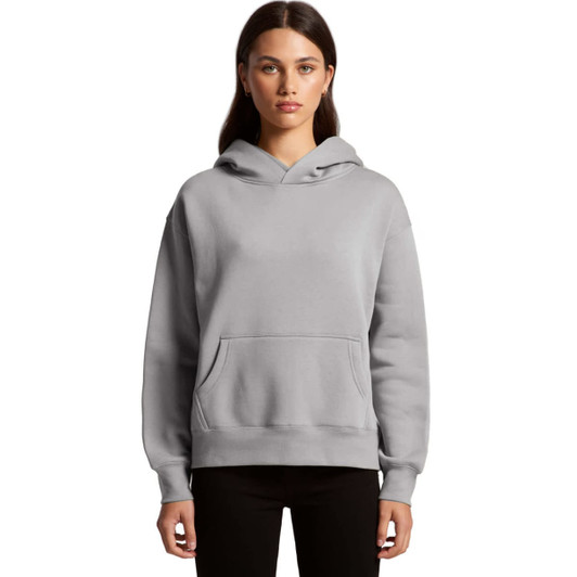 A grey hoodie with a front pocket and a hood, featuring a logo. Model wearing it has long hair.