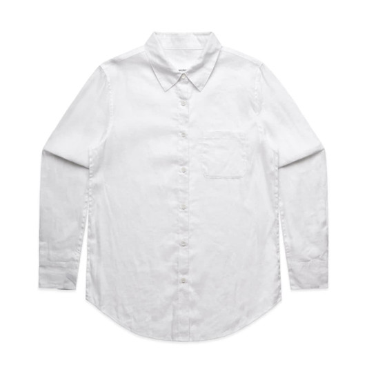 A white button-up shirt with a collar and long sleeves, featuring a chest pocket and a logo.