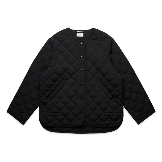 A black quilted jacket featuring a button-up front and side pockets, with a rounded hemline.