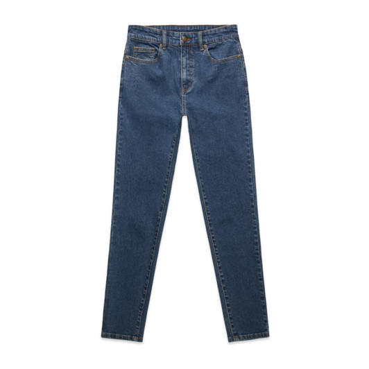 A pair of blue skinny jeans with a high waist and five pockets. Features stitching details and a branded logo.