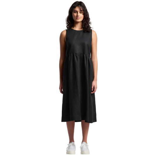 A black linen dress with a fitted bodice and gathered waist, featuring a knee-length cut and a sleeveless design.
