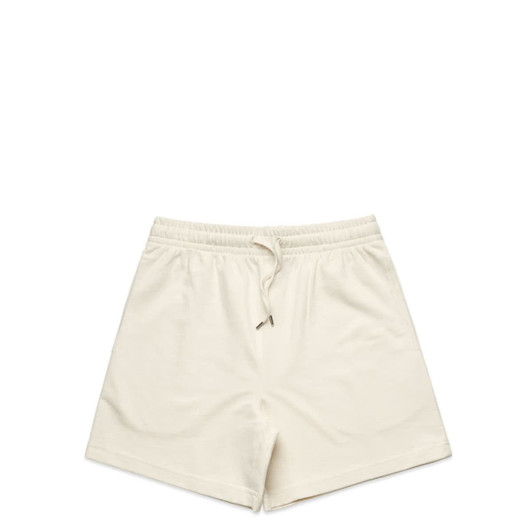 A pair of cream-coloured sports shorts with an elastic waistband and drawstring, featuring a logo.