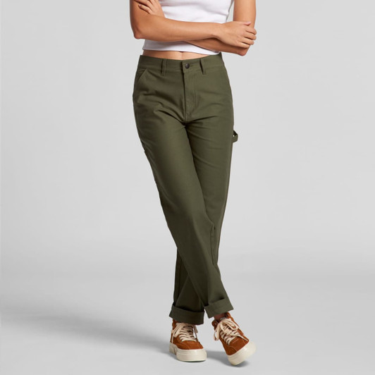 Olive green cargo pants with a sleek fit, featuring side pockets and a logo on the waistband.
