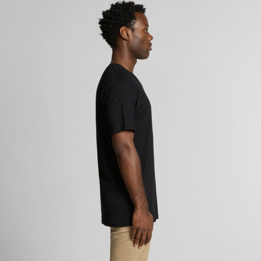 A black V-neck t-shirt displayed on a model, shown in profile. The shirt has short sleeves and a loose fit.