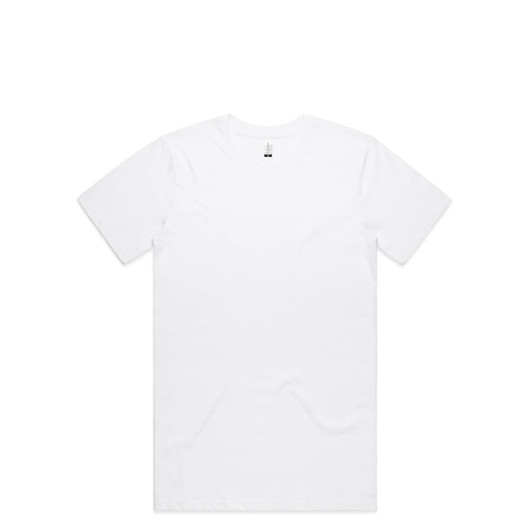 A white organic t-shirt displayed flat, featuring a round neckline and short sleeves. The shirt has a branded label.