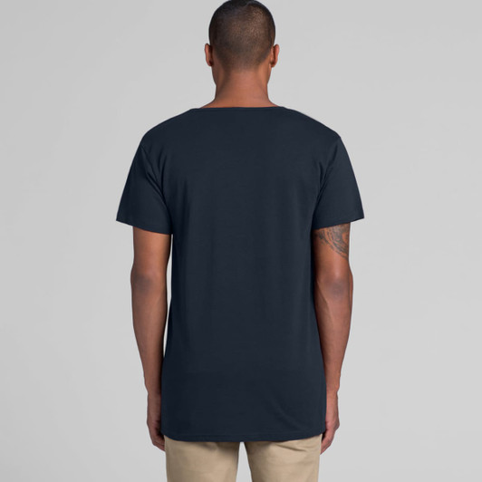 A dark navy T-shirt with short sleeves, featuring a branding label on the back.