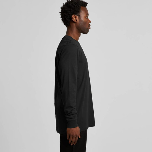A black long sleeve T-shirt displayed on a model from the side, featuring a simple design and a logo.