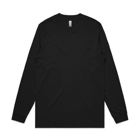 A black long-sleeve t-shirt featuring a simple design and a logo on the label.