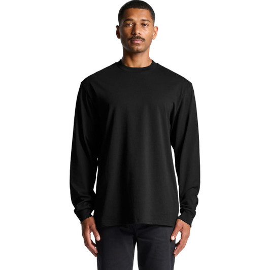 A black long-sleeve t-shirt with a simple design, featuring a logo on the garment.