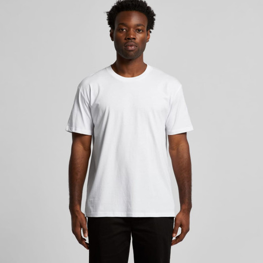 A white t-shirt with short sleeves displayed on a model against a plain backdrop. The shirt has a logo.