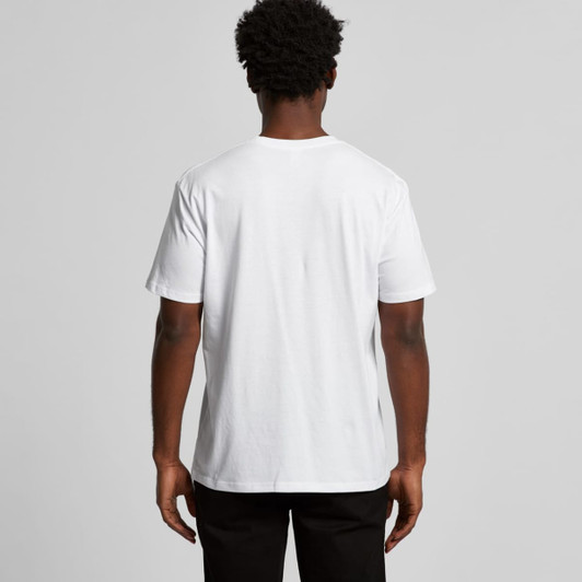 A plain white t-shirt with short sleeves, viewed from the back. It features a simple design and has a logo.