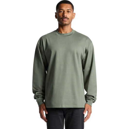 A long-sleeve tee in olive green, featuring a relaxed fit and a logo on the front.