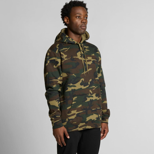 A camo-patterned hoodie in shades of green and brown, featuring a front pocket and a drawstring hood.