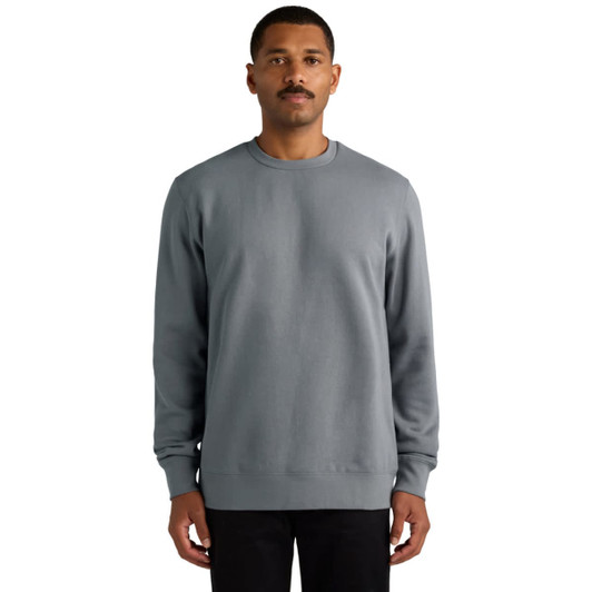 A grey hoodie featuring a round neck and long sleeves, worn by a man with a moustache. The product has a logo.